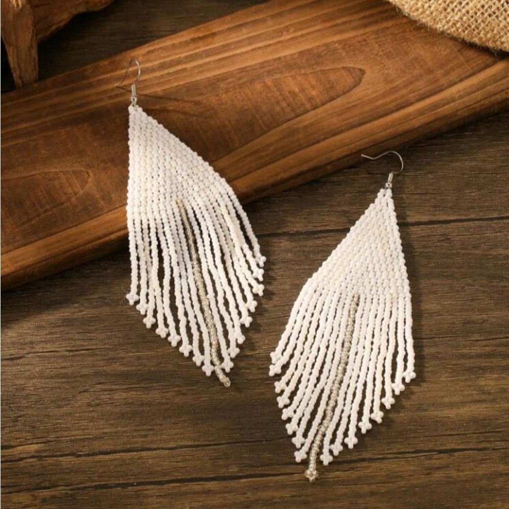 Chic White Beaded Fringe Earrings